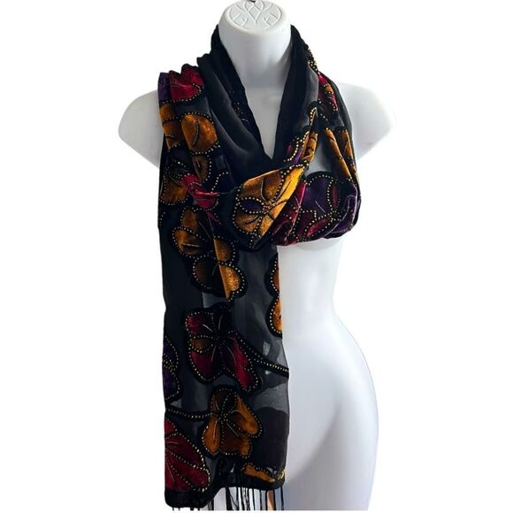 Black Velvet Scarf/Shawl Shoulder Cover Up Rectangle W/Fringe Floral Beaded - Picture 5 of 10